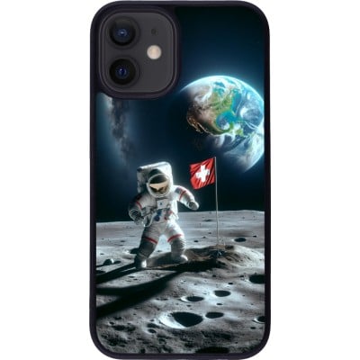 Coque iPhone 12 mini - Silicone rigide noir Astro Suisse sur lune