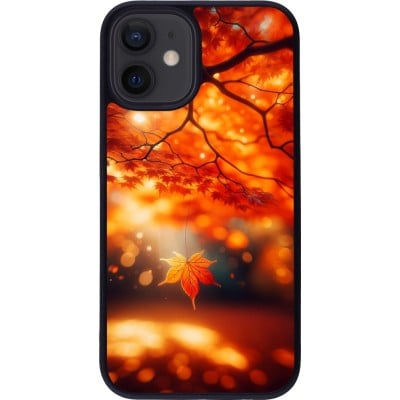 Coque iPhone 12 mini - Silicone rigide noir Automne Magique Orange