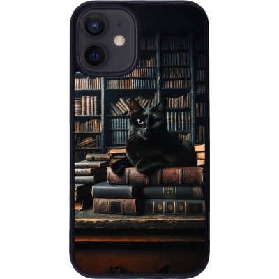 Coque iPhone 12 mini - Silicone rigide noir Chat livres sombres