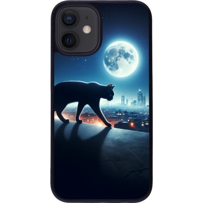 Coque iPhone 12 mini - Silicone rigide noir Chat noir sous la pleine lune