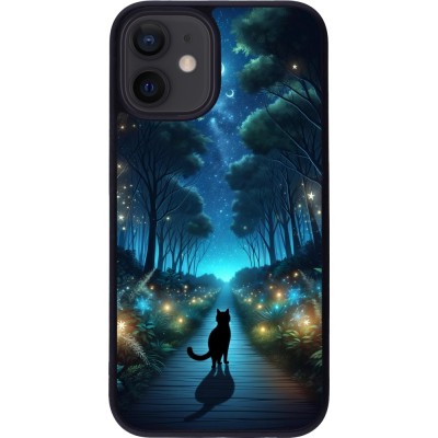 Coque iPhone 12 mini - Silicone rigide noir Chat noir promenade