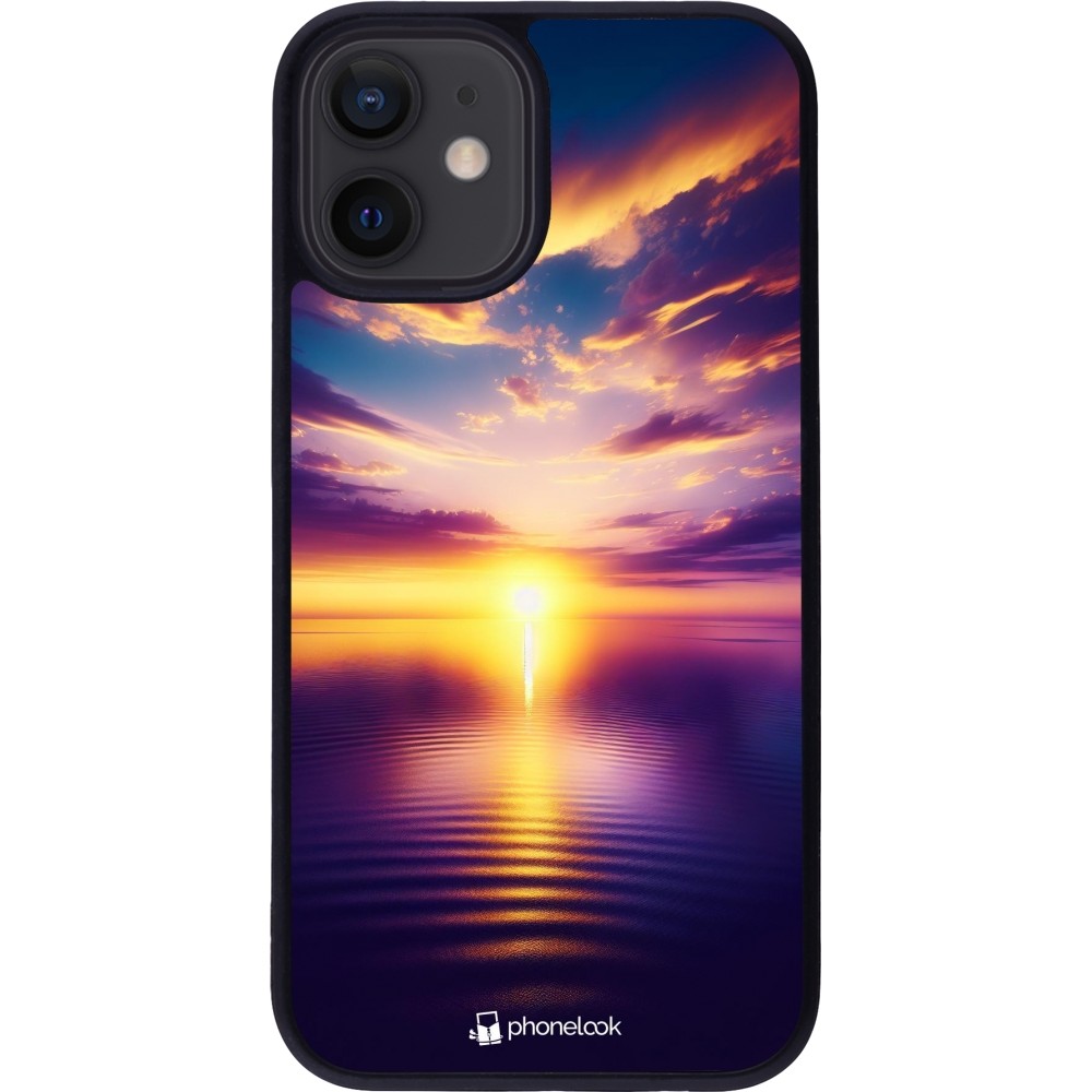 Coque iPhone 12 mini - Silicone rigide noir Coucher soleil jaune violet