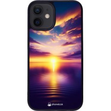 Coque iPhone 12 mini - Silicone rigide noir Coucher soleil jaune violet