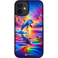 Coque iPhone 12 mini - Silicone rigide noir Dauphin arc-en-ciel heureux