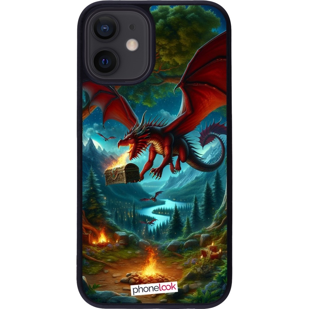 Coque iPhone 12 mini - Silicone rigide noir Dragon Volant Forêt Trésor