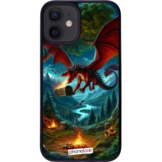 Coque iPhone 12 mini - Silicone rigide noir Dragon Volant Forêt Trésor