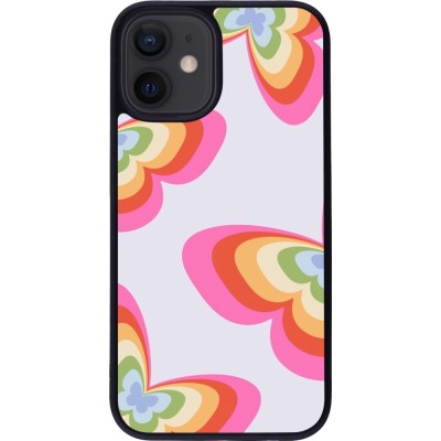 Coque iPhone 12 mini - Silicone rigide noir Easter 2024 rainbow butterflies