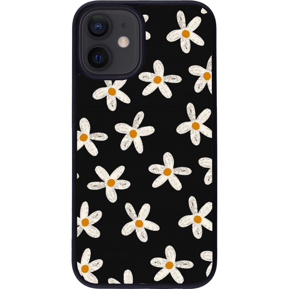 Coque iPhone 12 mini - Silicone rigide noir Easter 2024 white on black flower