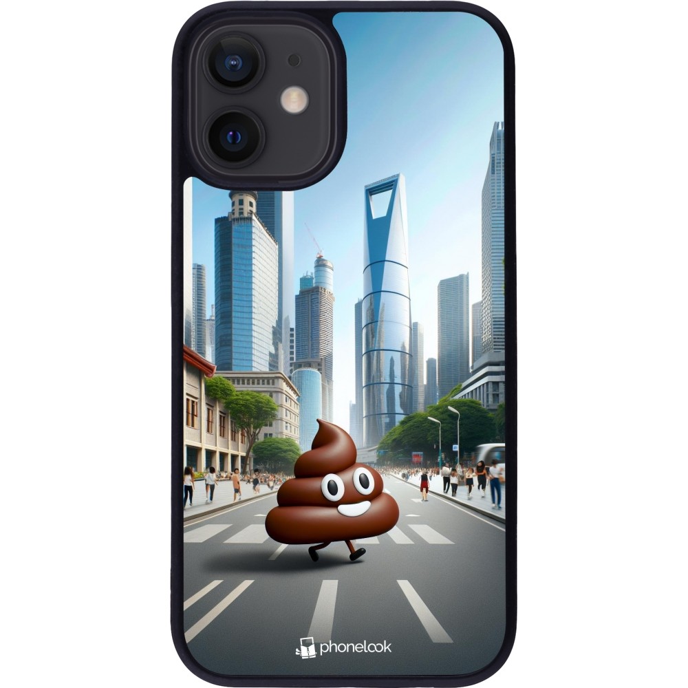 Coque iPhone 12 mini - Silicone rigide noir Emoji Caca walk