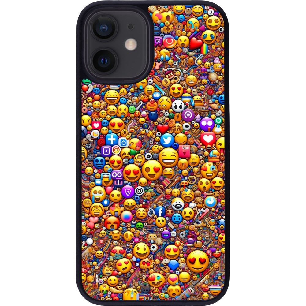 Coque iPhone 12 mini - Silicone rigide noir Emoji mixed