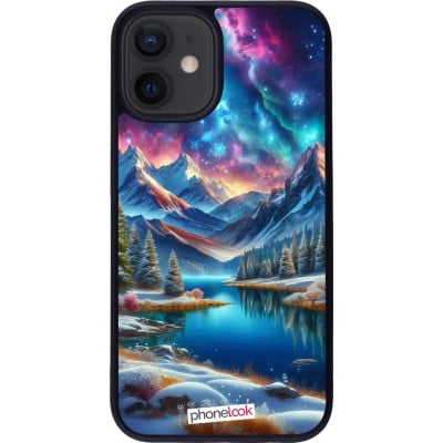 Coque iPhone 12 mini - Silicone rigide noir Fantasy Mountain Lake Sky Stars