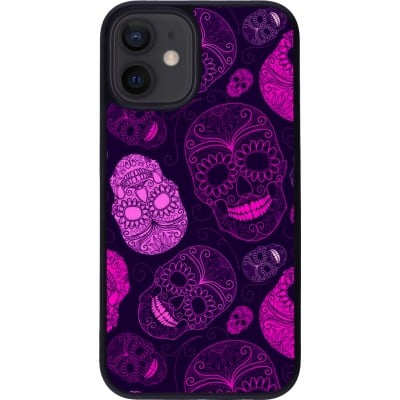 Coque iPhone 12 mini - Silicone rigide noir Halloween 2023 pink skulls