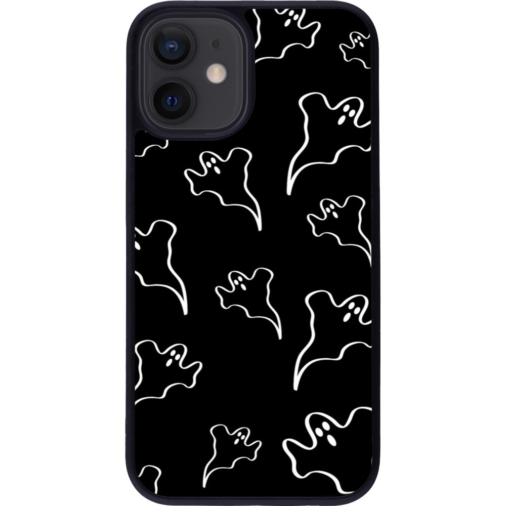 Coque iPhone 12 mini - Silicone rigide noir Halloween 2024 black and white ghosts