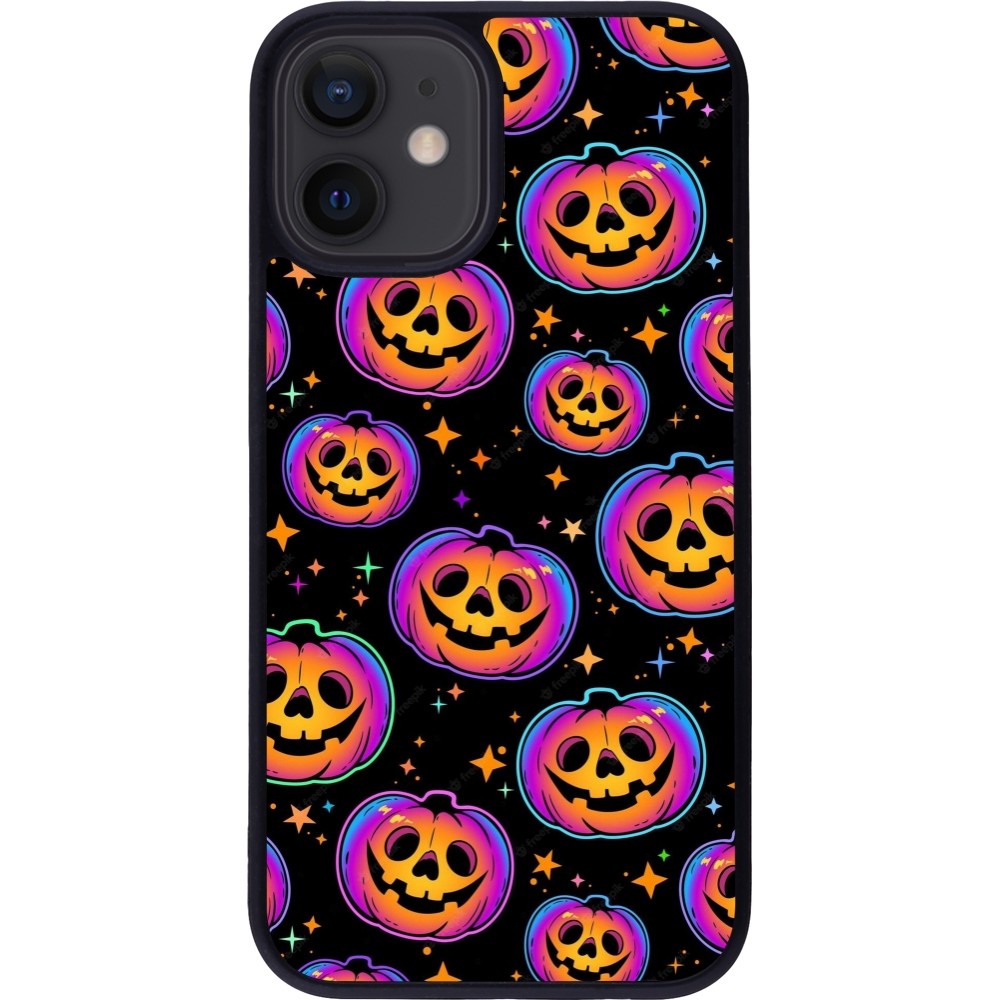 Coque iPhone 12 mini - Silicone rigide noir Halloween 2024 rainbow pumpkins