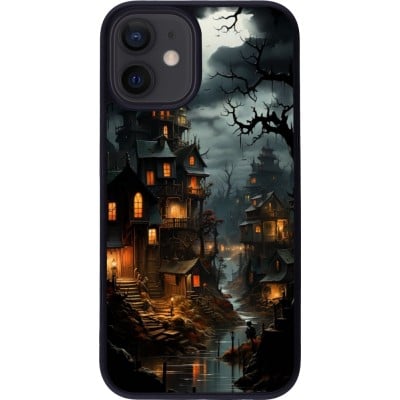 Coque iPhone 12 mini - Silicone rigide noir Halloween 2024 scary town