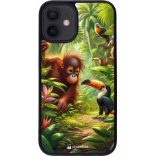 Coque iPhone 12 mini - Silicone rigide noir Jungle Tropicale Tayrona