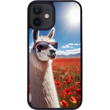 Coque iPhone 12 mini - Silicone rigide noir Lama Chic en Coquelicot