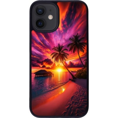 Coque iPhone 12 mini - Silicone rigide noir Maldives Dusk Bliss