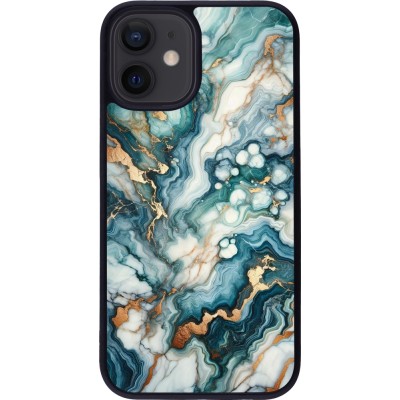 Coque iPhone 12 mini - Silicone rigide noir Marbre Vert Bleu Doré