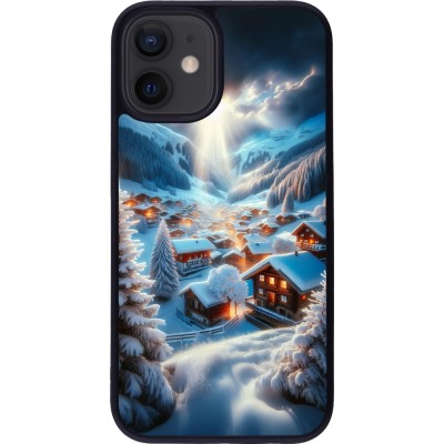 Coque iPhone 12 mini - Silicone rigide noir Mont Neige Lumière