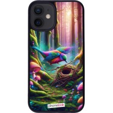 Coque iPhone 12 mini - Silicone rigide noir Oiseau Nid Forêt