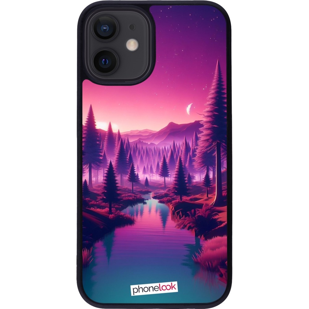 Coque iPhone 12 mini - Silicone rigide noir Paysage Violet-Rose