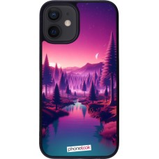 Coque iPhone 12 mini - Silicone rigide noir Paysage Violet-Rose