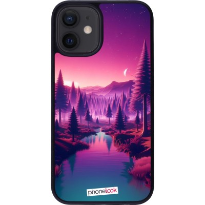 Coque iPhone 12 mini - Silicone rigide noir Paysage Violet-Rose