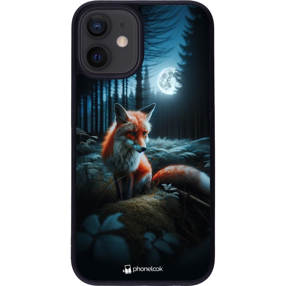 Coque iPhone 12 mini - Silicone rigide noir Renard lune forêt