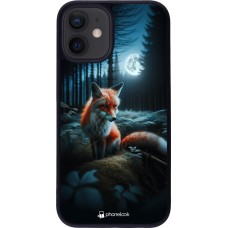 Coque iPhone 12 mini - Silicone rigide noir Renard lune forêt