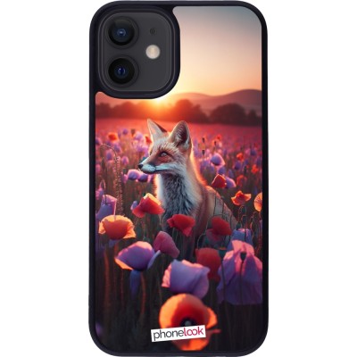 Coque iPhone 12 mini - Silicone rigide noir Renard pourpre au crépuscule