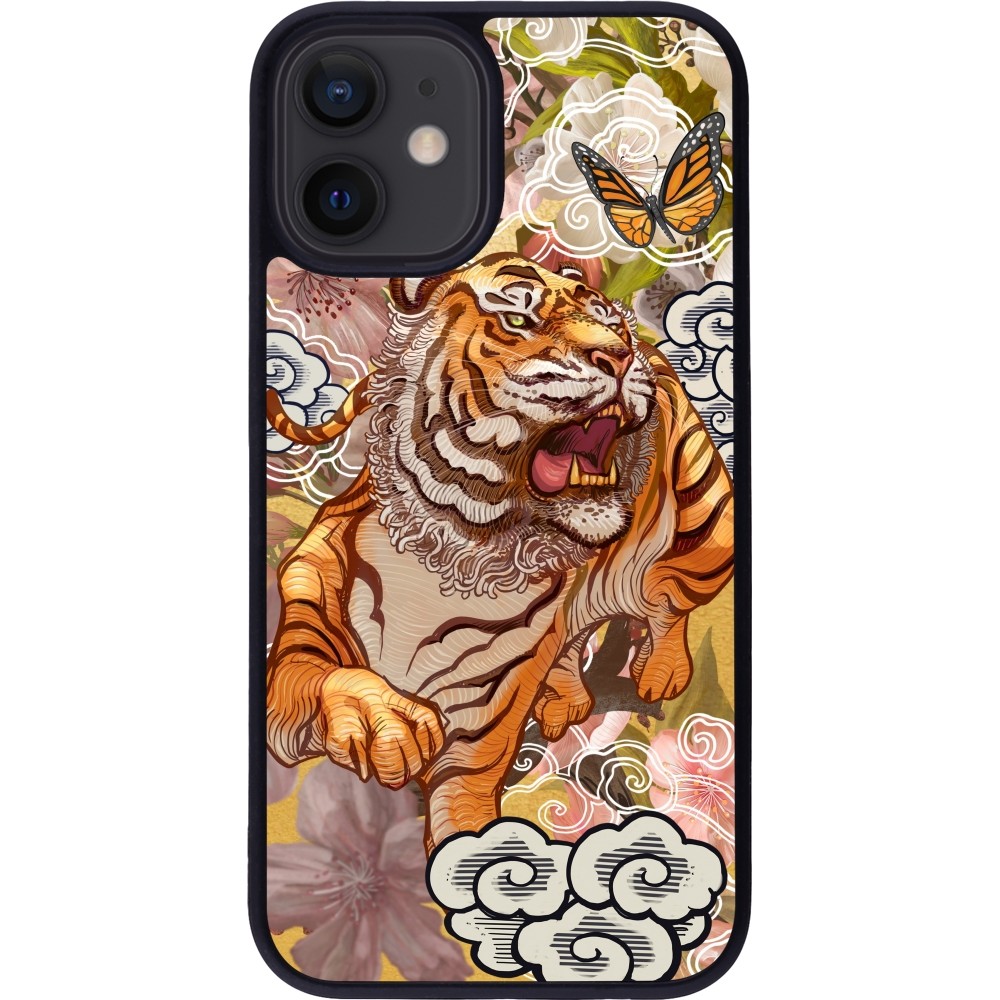 Coque iPhone 12 mini - Silicone rigide noir Spring 23 japanese tiger