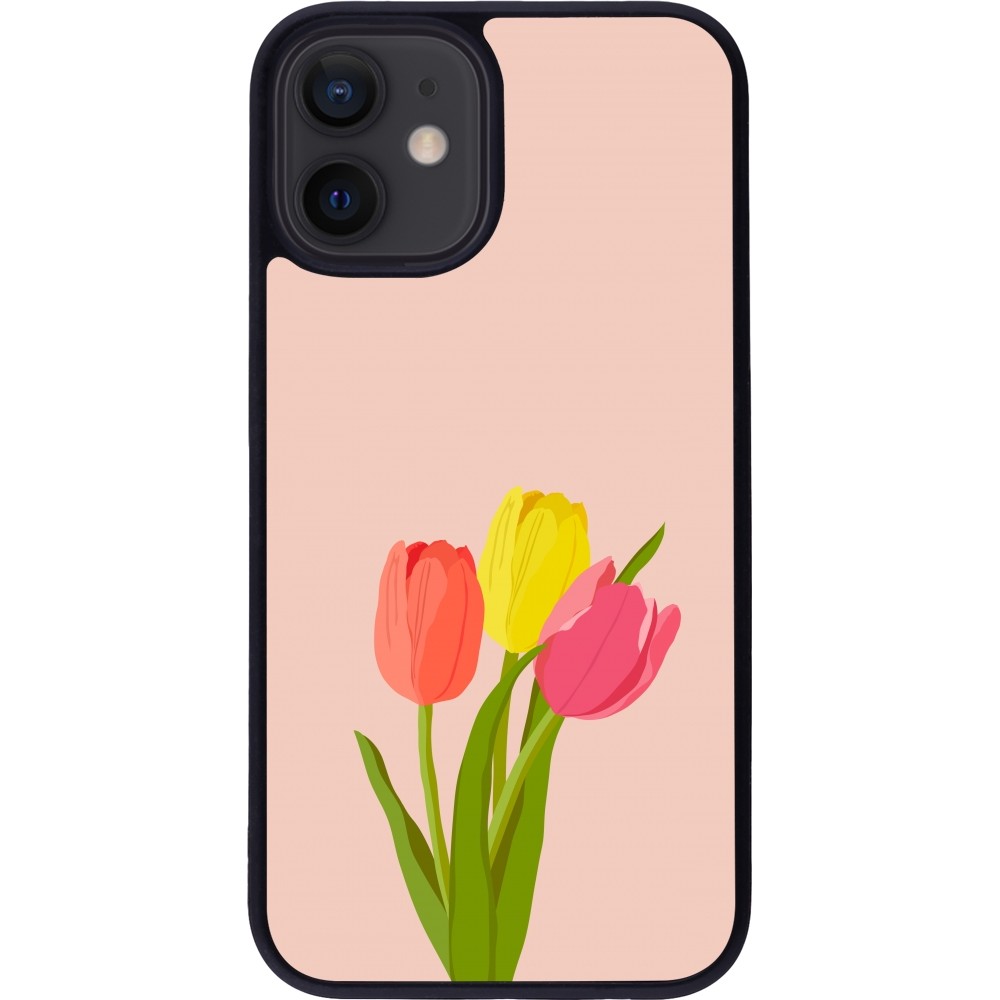 Coque iPhone 12 mini - Silicone rigide noir Spring 23 tulip trio