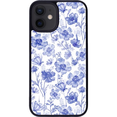 Coque iPhone 12 mini - Silicone rigide noir Spring 23 watercolor blue flowers