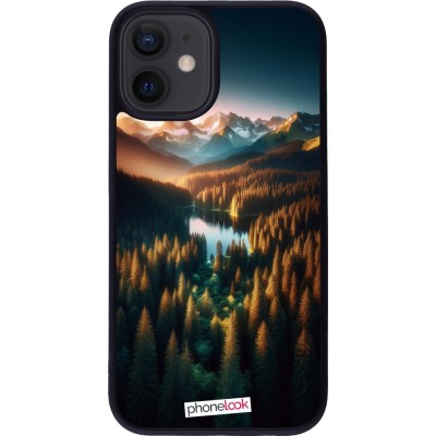 Coque iPhone 12 mini - Silicone rigide noir Sunset Forest Lake