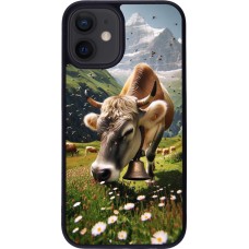 Coque iPhone 12 mini - Silicone rigide noir Vache montagne Valais