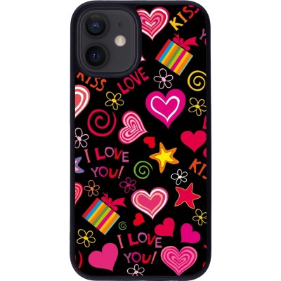 Coque iPhone 12 mini - Silicone rigide noir Valentine 2023 love symbols