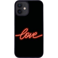 Coque iPhone 12 mini - Silicone rigide noir Valentine 2023 neon love