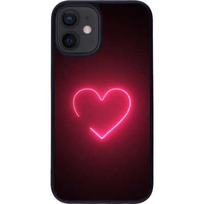 Coque iPhone 12 mini - Silicone rigide noir Valentine 2023 single neon heart