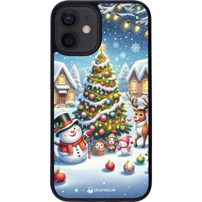 Coque iPhone 12 mini - Silicone rigide noir Noël 2023 bonhomme de neige et sapin