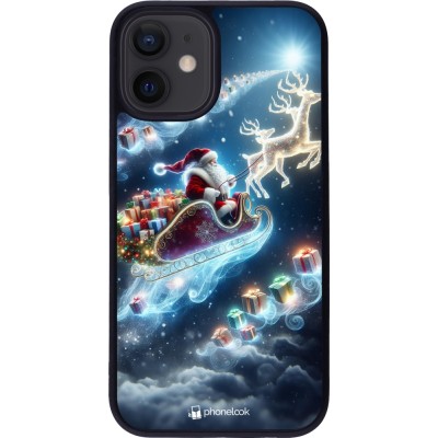 Coque iPhone 12 mini - Silicone rigide noir Noël 2023 Père Noël enchanté