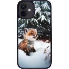 Coque iPhone 12 mini - Silicone rigide noir Noël 2023 Renardeau sapin