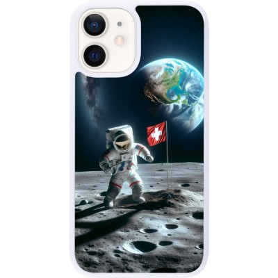 Coque iPhone 12 mini - Silicone rigide blanc Astro Suisse sur lune