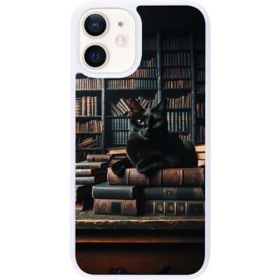 Coque iPhone 12 mini - Silicone rigide blanc Chat livres sombres