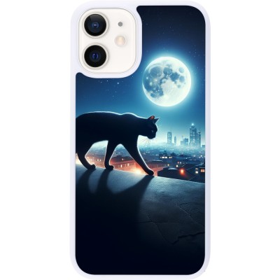 Coque iPhone 12 mini - Silicone rigide blanc Chat noir sous la pleine lune