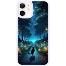 Coque iPhone 12 mini - Silicone rigide blanc Chat noir promenade