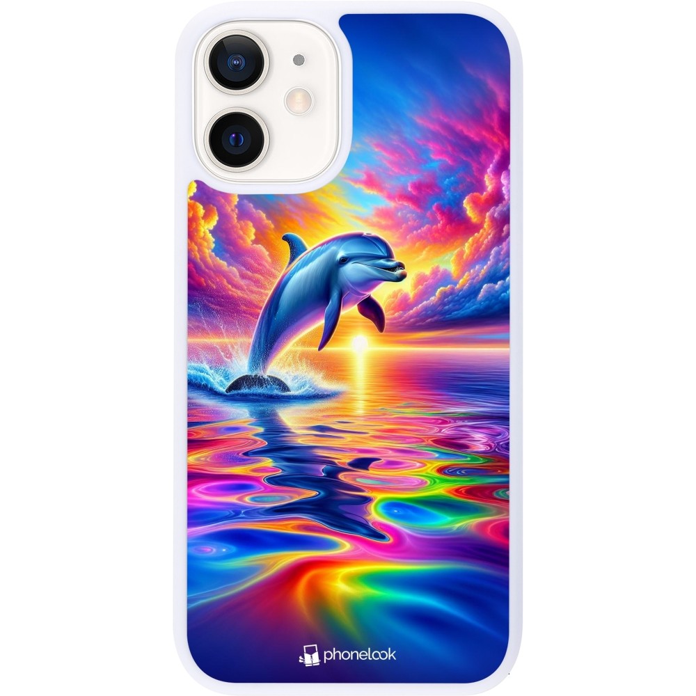 Coque iPhone 12 mini - Silicone rigide blanc Dauphin arc-en-ciel heureux