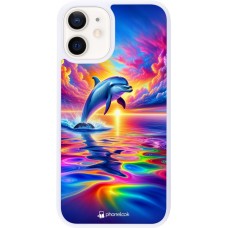 Coque iPhone 12 mini - Silicone rigide blanc Dauphin arc-en-ciel heureux