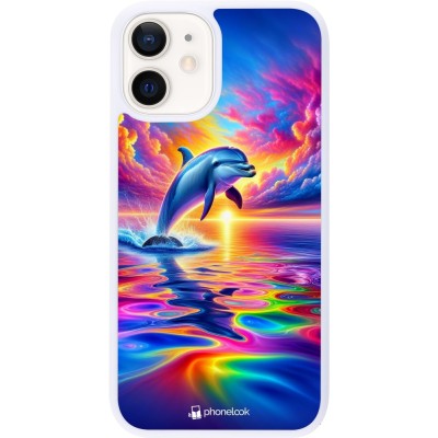 Coque iPhone 12 mini - Silicone rigide blanc Dauphin arc-en-ciel heureux