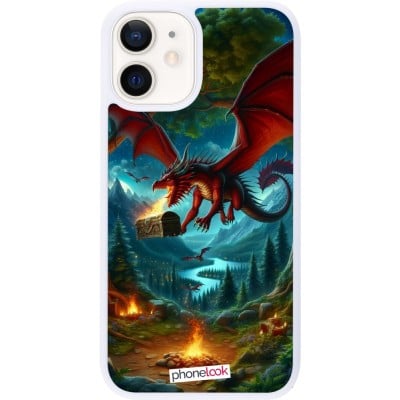 Coque iPhone 12 mini - Silicone rigide blanc Dragon Volant Forêt Trésor